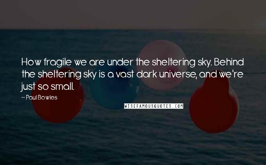 Paul Bowles Quotes: How fragile we are under the sheltering sky. Behind the sheltering sky is a vast dark universe, and we're just so small.