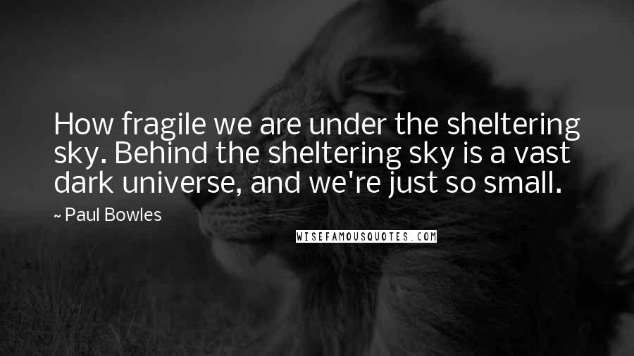 Paul Bowles Quotes: How fragile we are under the sheltering sky. Behind the sheltering sky is a vast dark universe, and we're just so small.