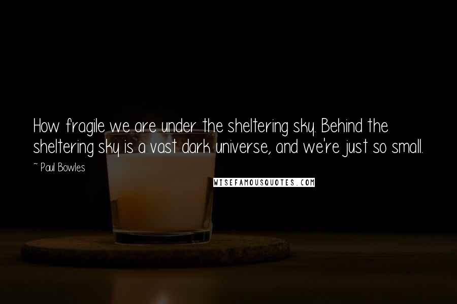 Paul Bowles Quotes: How fragile we are under the sheltering sky. Behind the sheltering sky is a vast dark universe, and we're just so small.