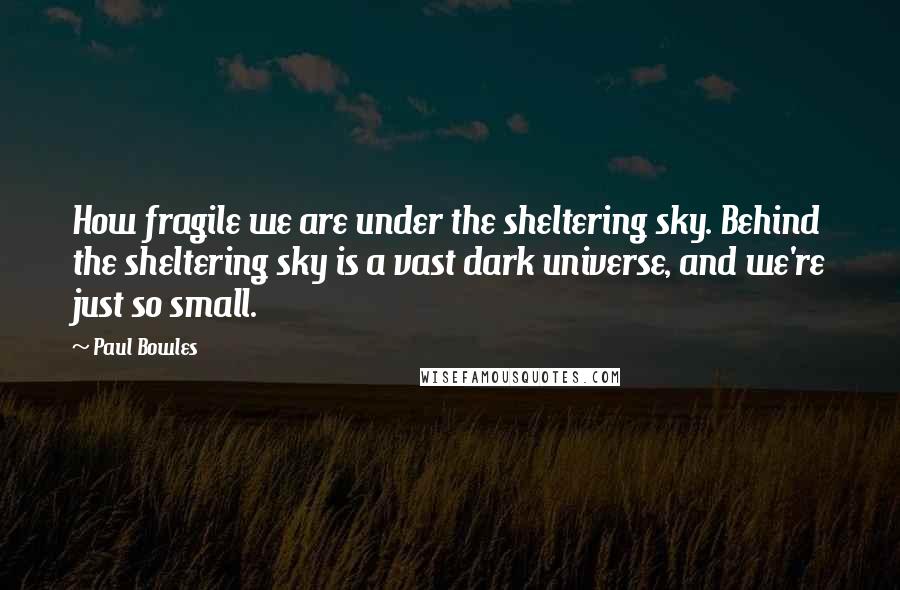 Paul Bowles Quotes: How fragile we are under the sheltering sky. Behind the sheltering sky is a vast dark universe, and we're just so small.