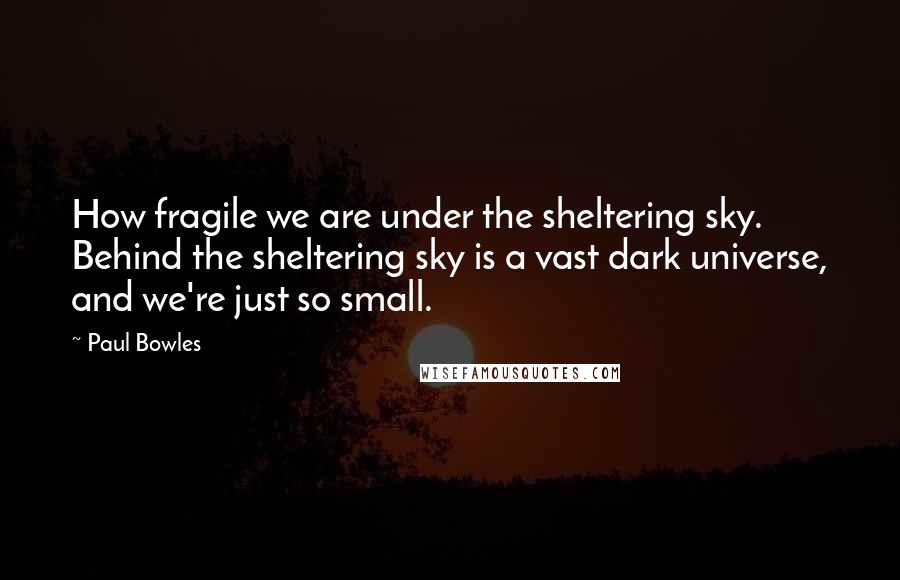 Paul Bowles Quotes: How fragile we are under the sheltering sky. Behind the sheltering sky is a vast dark universe, and we're just so small.