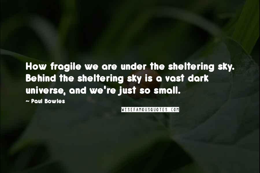 Paul Bowles Quotes: How fragile we are under the sheltering sky. Behind the sheltering sky is a vast dark universe, and we're just so small.