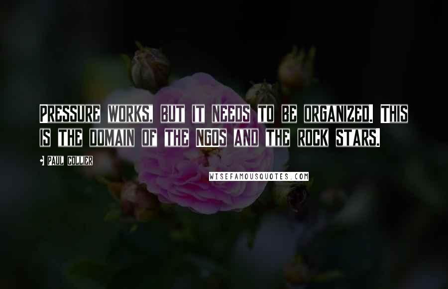 Paul Collier Quotes: Pressure works, but it needs to be organized. This is the domain of the NGOs and the rock stars.