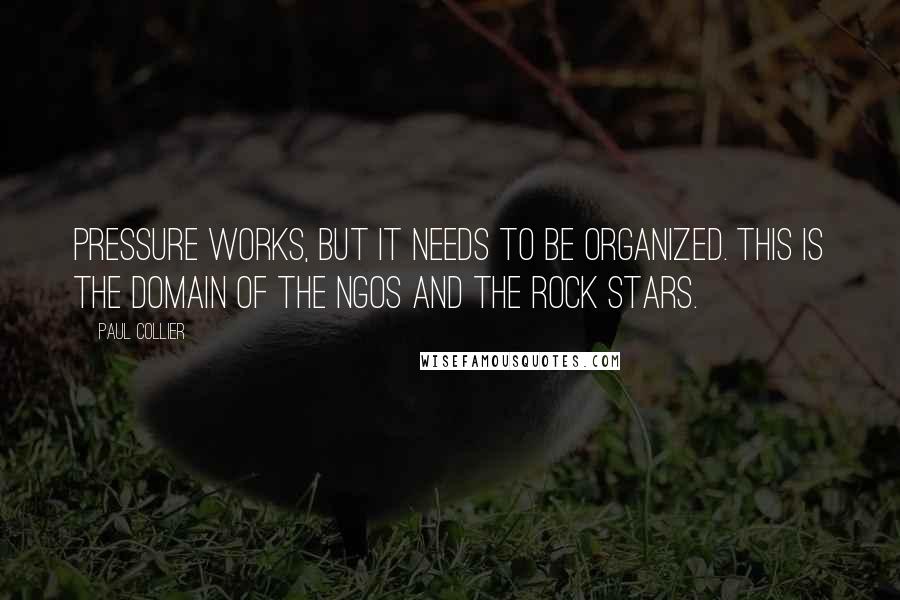 Paul Collier Quotes: Pressure works, but it needs to be organized. This is the domain of the NGOs and the rock stars.