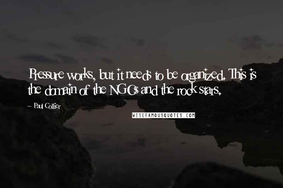 Paul Collier Quotes: Pressure works, but it needs to be organized. This is the domain of the NGOs and the rock stars.