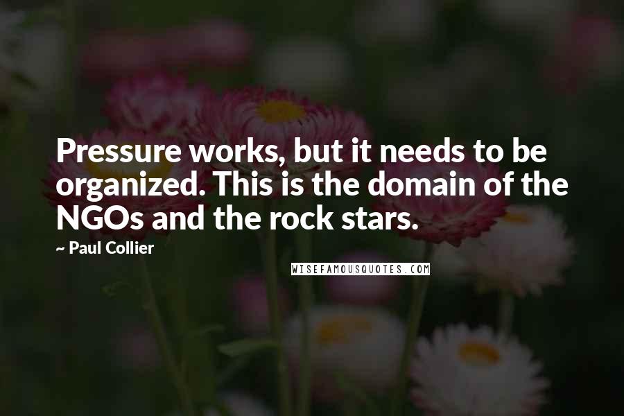 Paul Collier Quotes: Pressure works, but it needs to be organized. This is the domain of the NGOs and the rock stars.