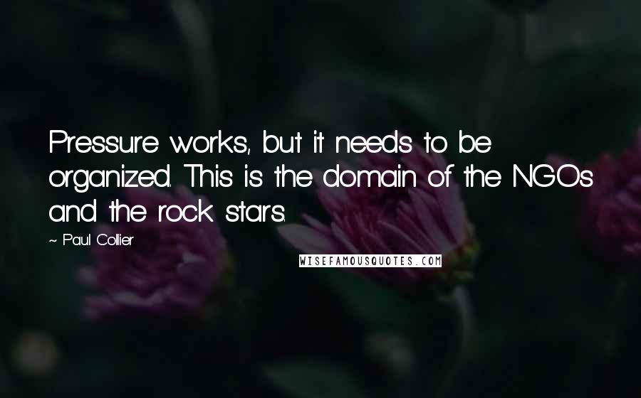 Paul Collier Quotes: Pressure works, but it needs to be organized. This is the domain of the NGOs and the rock stars.