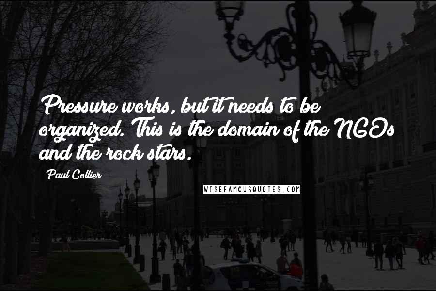 Paul Collier Quotes: Pressure works, but it needs to be organized. This is the domain of the NGOs and the rock stars.