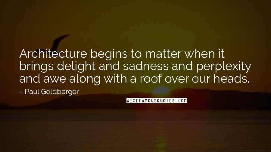 Paul Goldberger Quotes: Architecture begins to matter when it brings delight and sadness and perplexity and awe along with a roof over our heads.