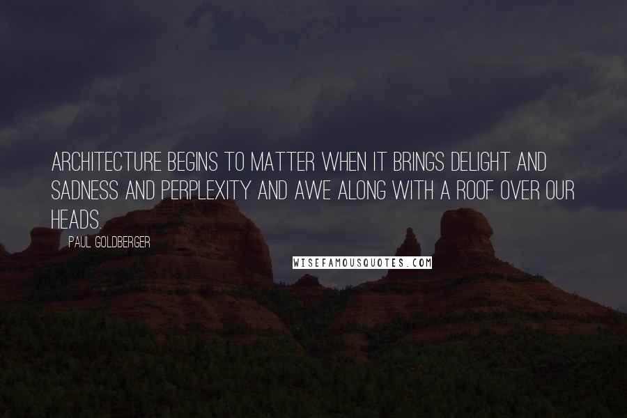 Paul Goldberger Quotes: Architecture begins to matter when it brings delight and sadness and perplexity and awe along with a roof over our heads.