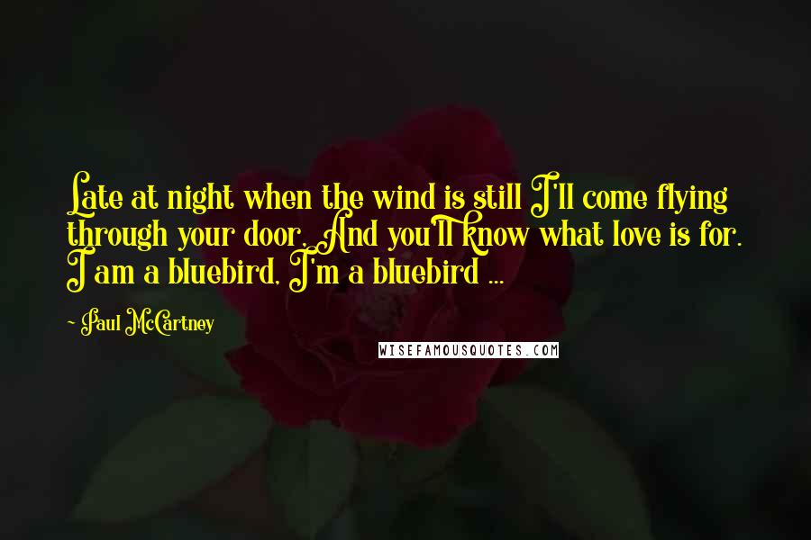 Paul McCartney Quotes: Late at night when the wind is still I'll come flying through your door, And you'll know what love is for. I am a bluebird, I'm a bluebird ...