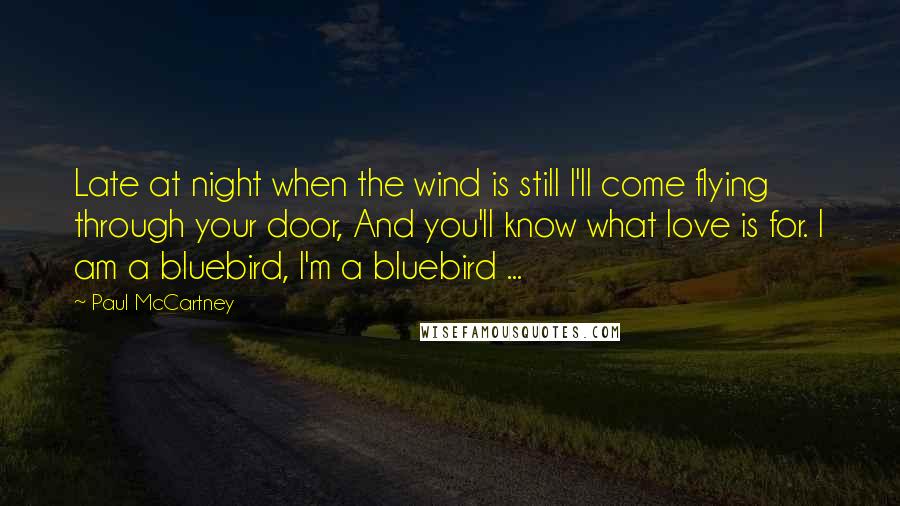 Paul McCartney Quotes: Late at night when the wind is still I'll come flying through your door, And you'll know what love is for. I am a bluebird, I'm a bluebird ...