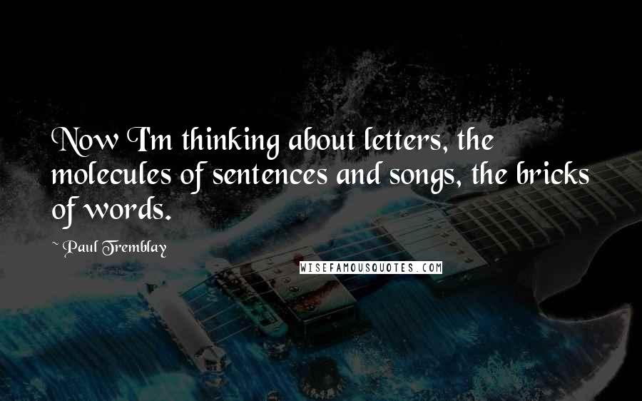 Paul Tremblay Quotes: Now I'm thinking about letters, the molecules of sentences and songs, the bricks of words.