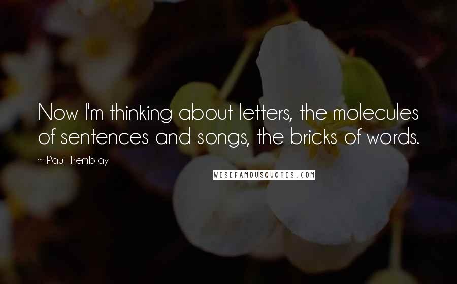 Paul Tremblay Quotes: Now I'm thinking about letters, the molecules of sentences and songs, the bricks of words.