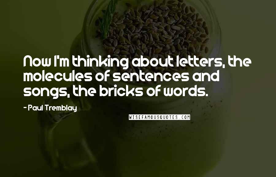 Paul Tremblay Quotes: Now I'm thinking about letters, the molecules of sentences and songs, the bricks of words.