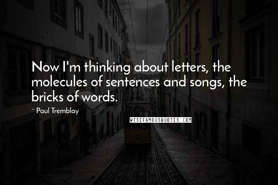 Paul Tremblay Quotes: Now I'm thinking about letters, the molecules of sentences and songs, the bricks of words.