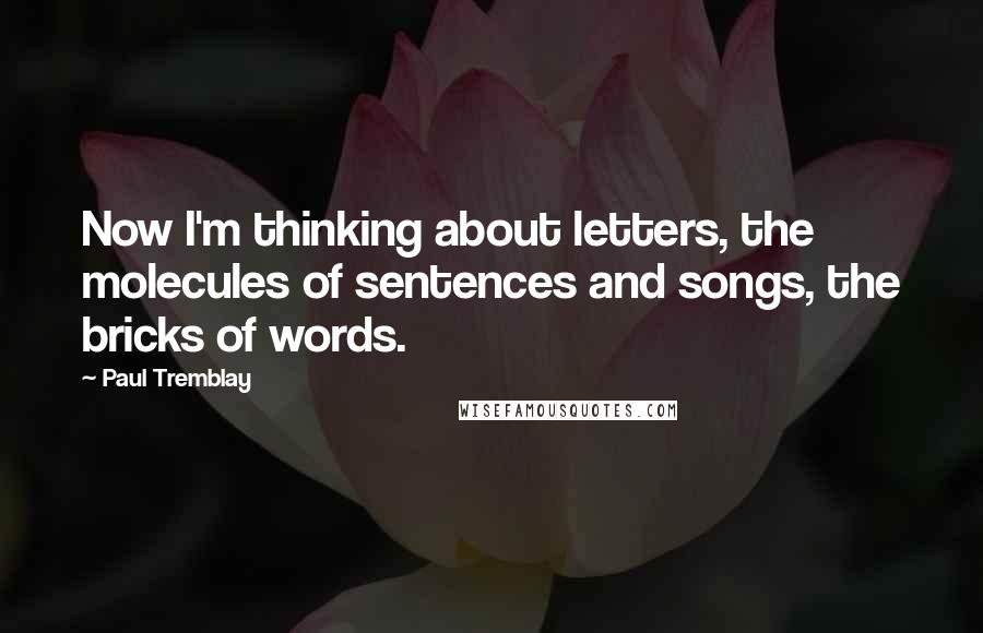 Paul Tremblay Quotes: Now I'm thinking about letters, the molecules of sentences and songs, the bricks of words.