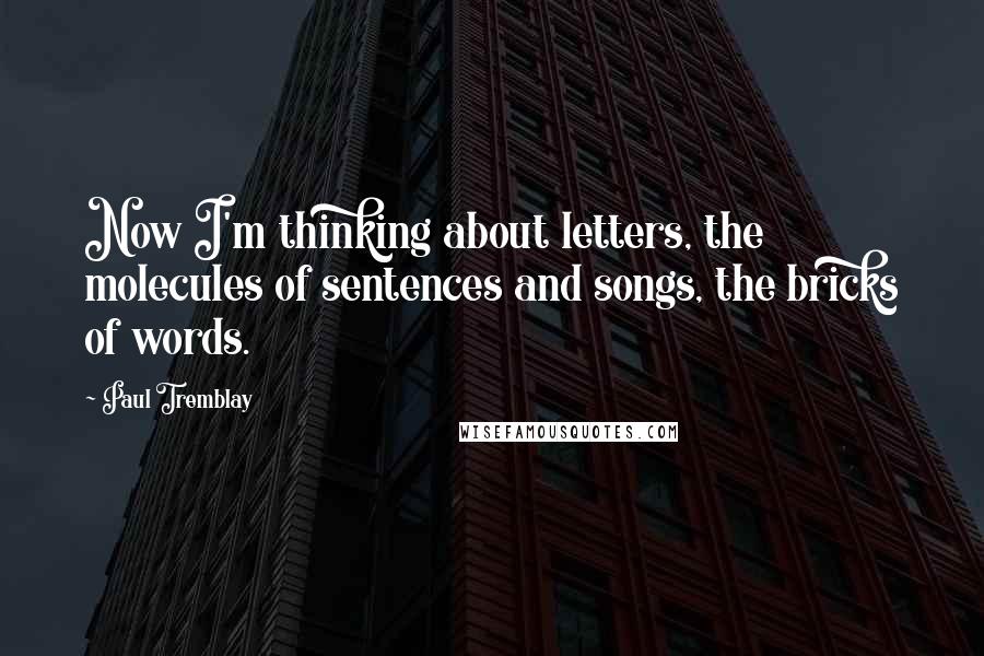 Paul Tremblay Quotes: Now I'm thinking about letters, the molecules of sentences and songs, the bricks of words.