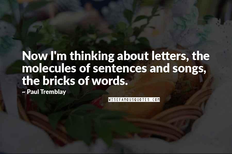 Paul Tremblay Quotes: Now I'm thinking about letters, the molecules of sentences and songs, the bricks of words.