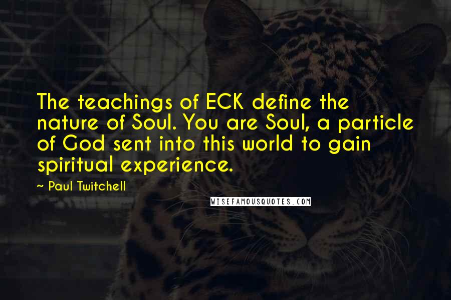 Paul Twitchell Quotes: The teachings of ECK define the nature of Soul. You are Soul, a particle of God sent into this world to gain spiritual experience.