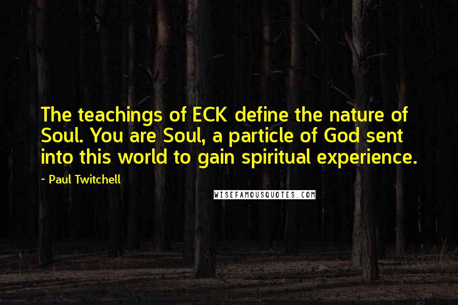 Paul Twitchell Quotes: The teachings of ECK define the nature of Soul. You are Soul, a particle of God sent into this world to gain spiritual experience.