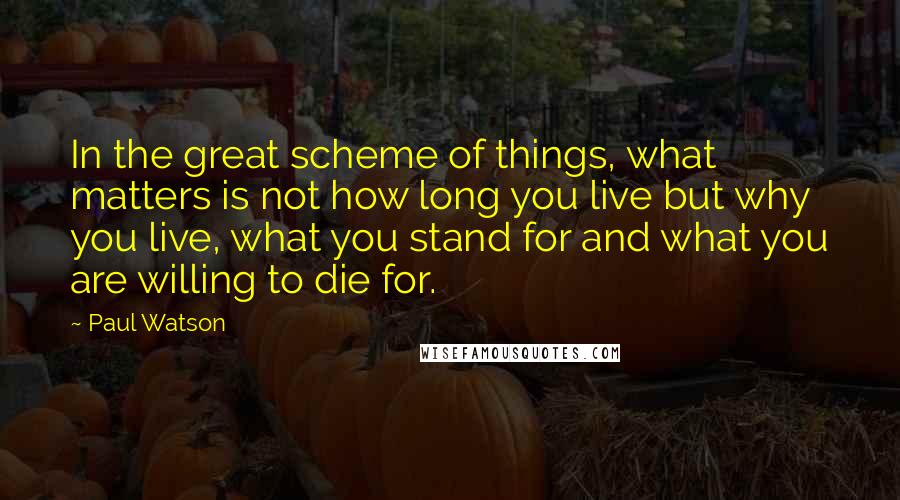 Paul Watson Quotes: In the great scheme of things, what matters is not how long you live but why you live, what you stand for and what you are willing to die for.