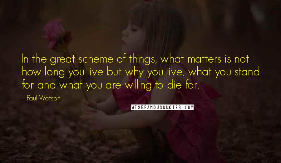 Paul Watson Quotes: In the great scheme of things, what matters is not how long you live but why you live, what you stand for and what you are willing to die for.