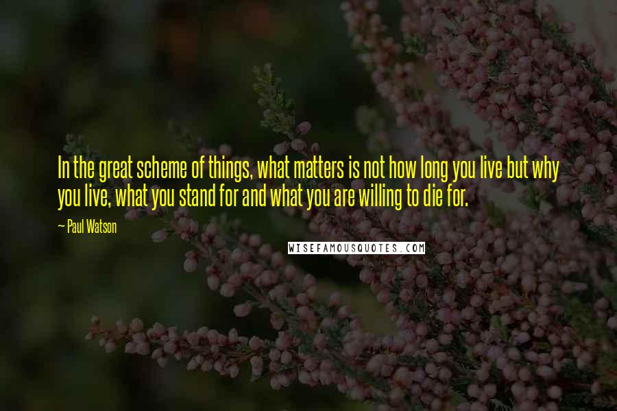 Paul Watson Quotes: In the great scheme of things, what matters is not how long you live but why you live, what you stand for and what you are willing to die for.