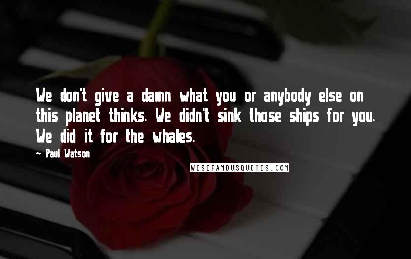 Paul Watson Quotes: We don't give a damn what you or anybody else on this planet thinks. We didn't sink those ships for you. We did it for the whales.