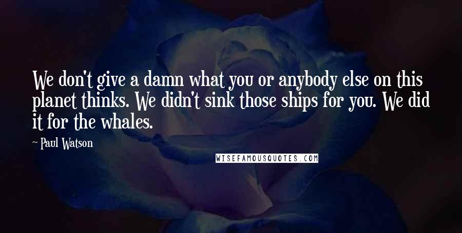 Paul Watson Quotes: We don't give a damn what you or anybody else on this planet thinks. We didn't sink those ships for you. We did it for the whales.