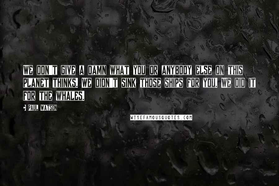 Paul Watson Quotes: We don't give a damn what you or anybody else on this planet thinks. We didn't sink those ships for you. We did it for the whales.