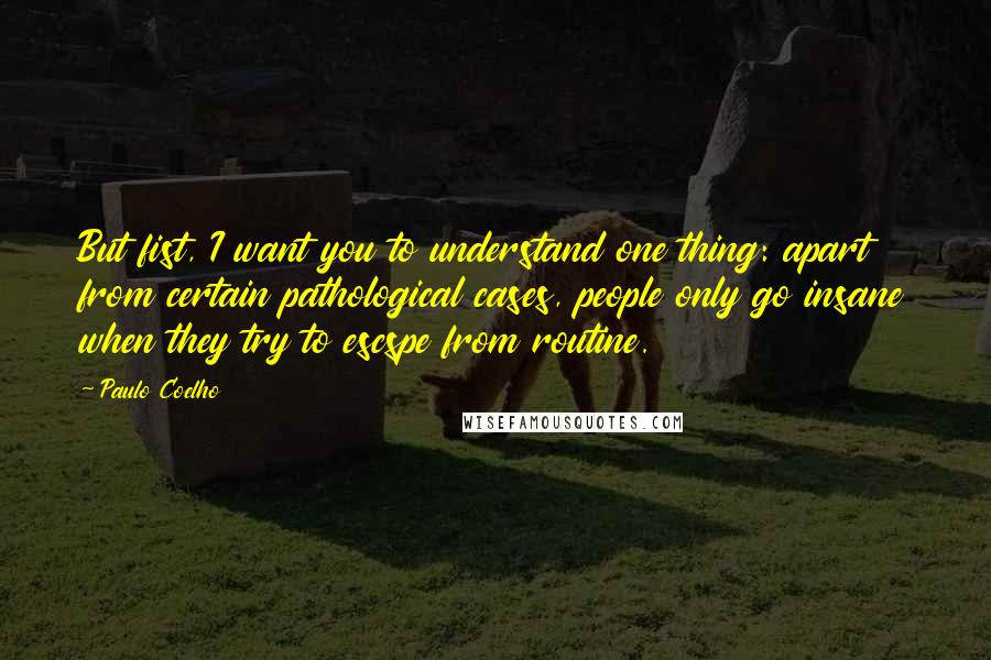 Paulo Coelho Quotes: But fist, I want you to understand one thing: apart from certain pathological cases, people only go insane when they try to escspe from routine.