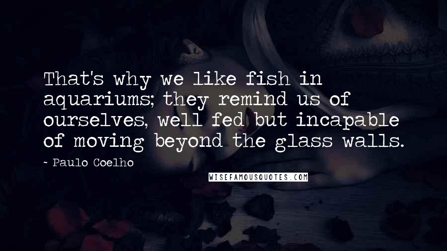 Paulo Coelho Quotes: That's why we like fish in aquariums; they remind us of ourselves, well fed but incapable of moving beyond the glass walls.