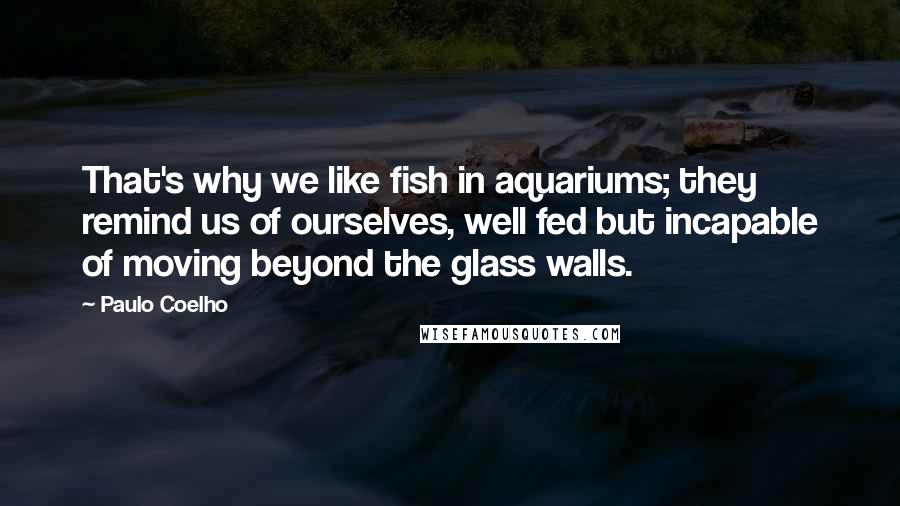 Paulo Coelho Quotes: That's why we like fish in aquariums; they remind us of ourselves, well fed but incapable of moving beyond the glass walls.