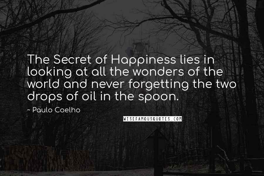 Paulo Coelho Quotes: The Secret of Happiness lies in looking at all the wonders of the world and never forgetting the two drops of oil in the spoon.