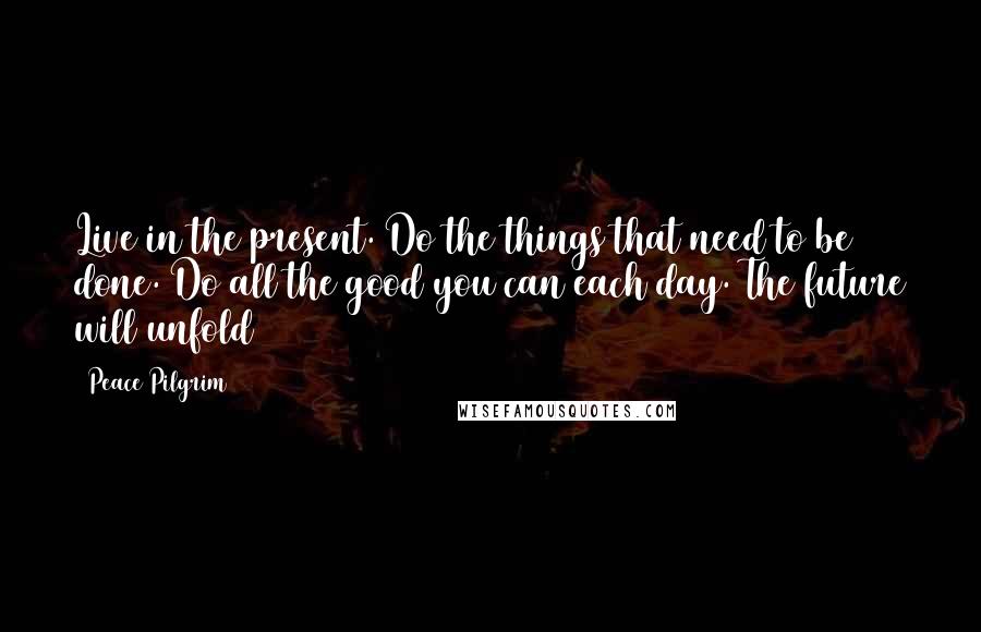 Peace Pilgrim Quotes: Live in the present. Do the things that need to be done. Do all the good you can each day. The future will unfold