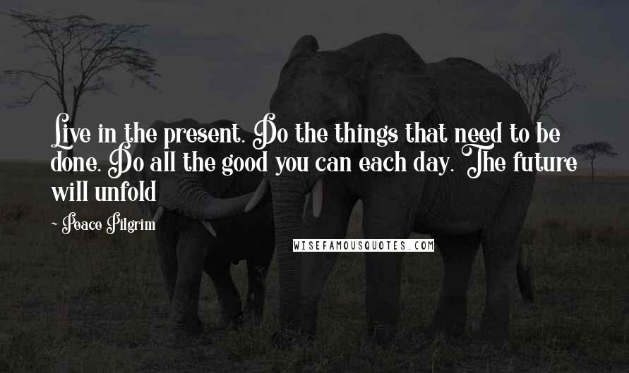 Peace Pilgrim Quotes: Live in the present. Do the things that need to be done. Do all the good you can each day. The future will unfold