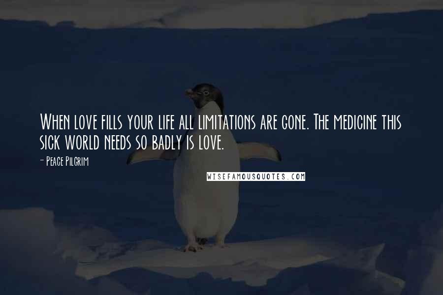 Peace Pilgrim Quotes: When love fills your life all limitations are gone. The medicine this sick world needs so badly is love.