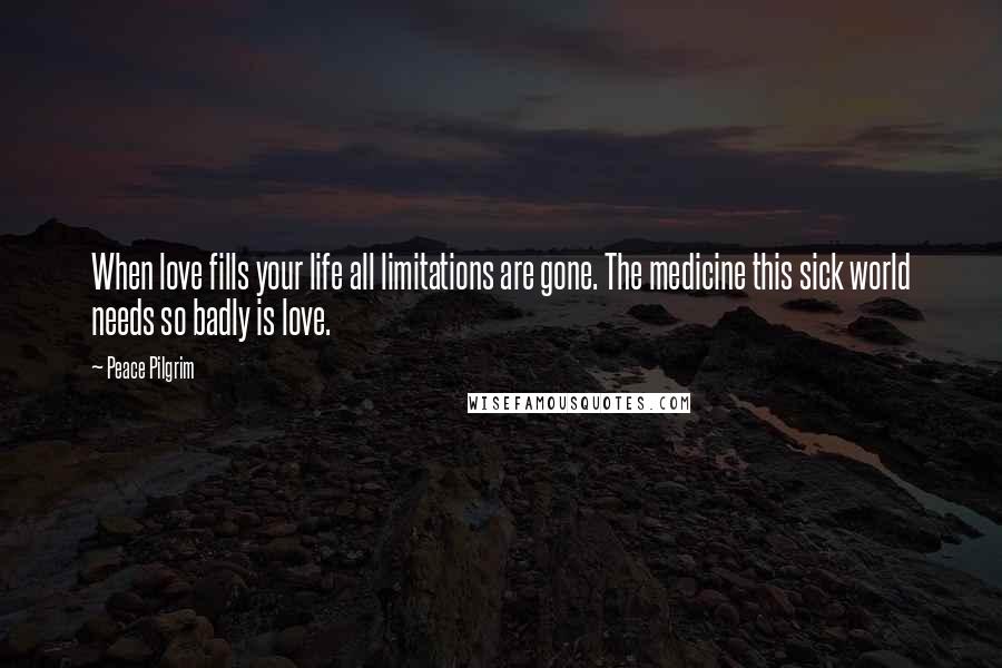Peace Pilgrim Quotes: When love fills your life all limitations are gone. The medicine this sick world needs so badly is love.