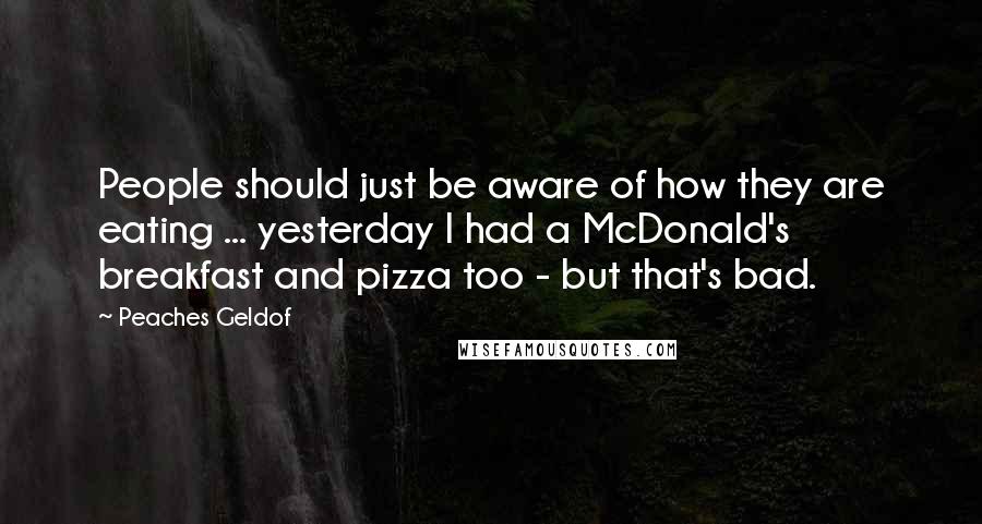 Peaches Geldof Quotes: People should just be aware of how they are eating ... yesterday I had a McDonald's breakfast and pizza too - but that's bad.