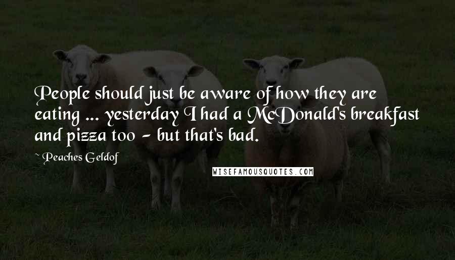 Peaches Geldof Quotes: People should just be aware of how they are eating ... yesterday I had a McDonald's breakfast and pizza too - but that's bad.