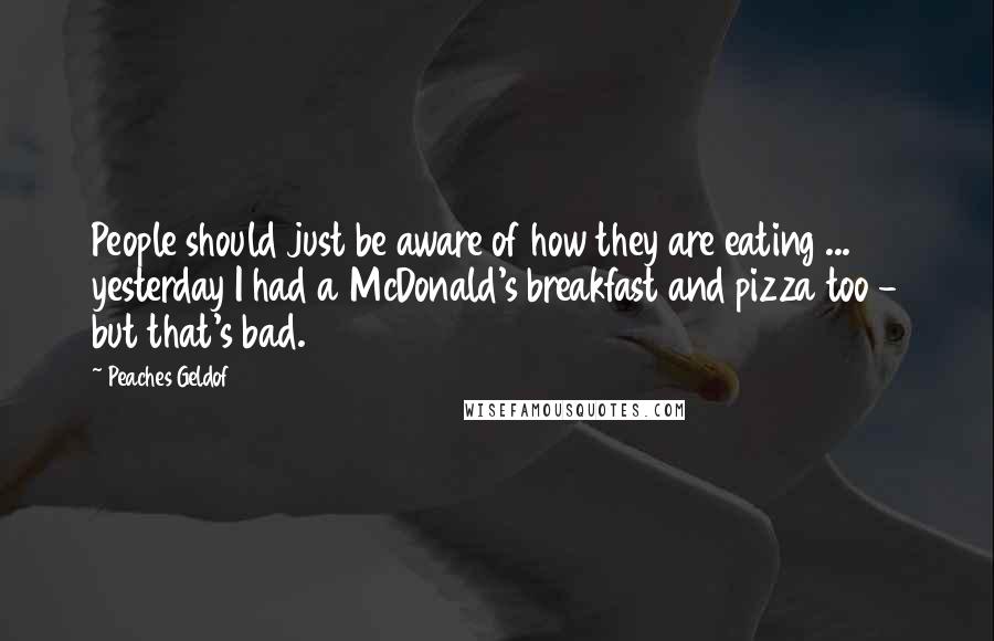 Peaches Geldof Quotes: People should just be aware of how they are eating ... yesterday I had a McDonald's breakfast and pizza too - but that's bad.