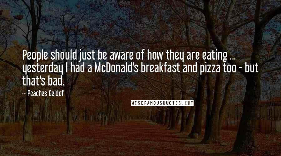 Peaches Geldof Quotes: People should just be aware of how they are eating ... yesterday I had a McDonald's breakfast and pizza too - but that's bad.