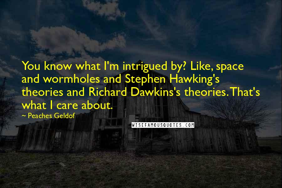 Peaches Geldof Quotes: You know what I'm intrigued by? Like, space and wormholes and Stephen Hawking's theories and Richard Dawkins's theories. That's what I care about.