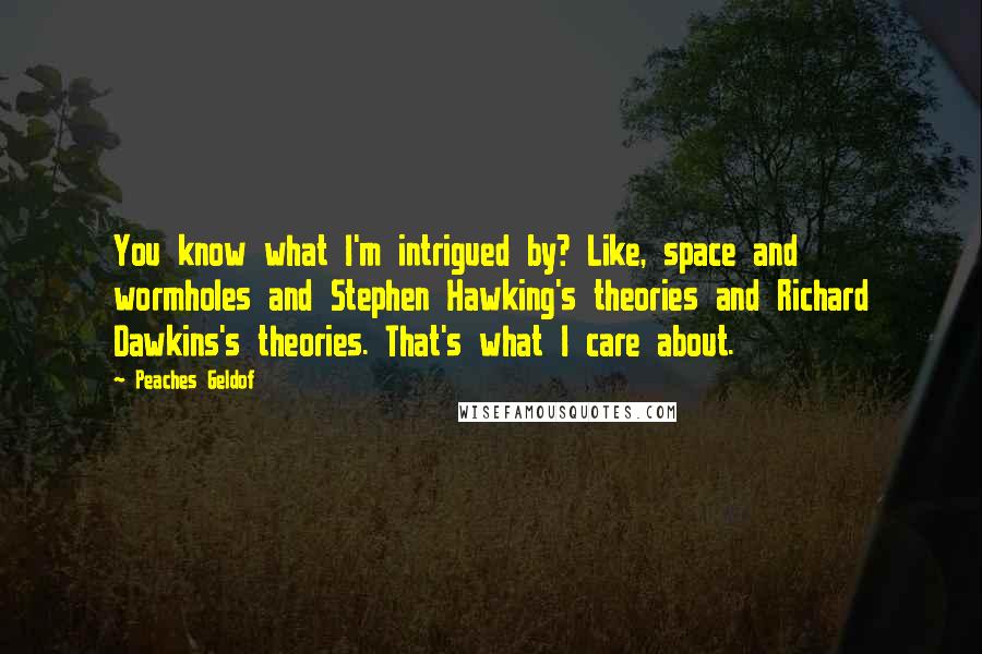 Peaches Geldof Quotes: You know what I'm intrigued by? Like, space and wormholes and Stephen Hawking's theories and Richard Dawkins's theories. That's what I care about.