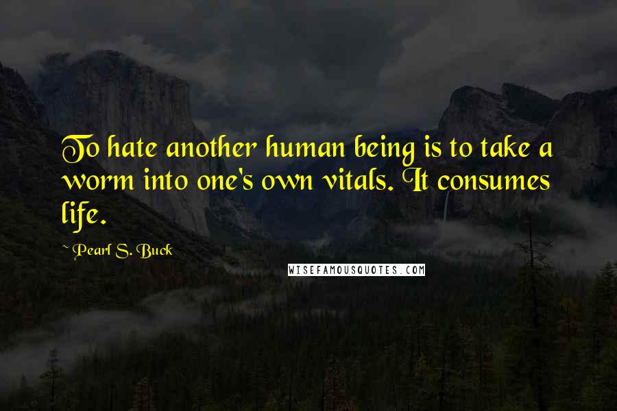 Pearl S. Buck Quotes: To hate another human being is to take a worm into one's own vitals. It consumes life.