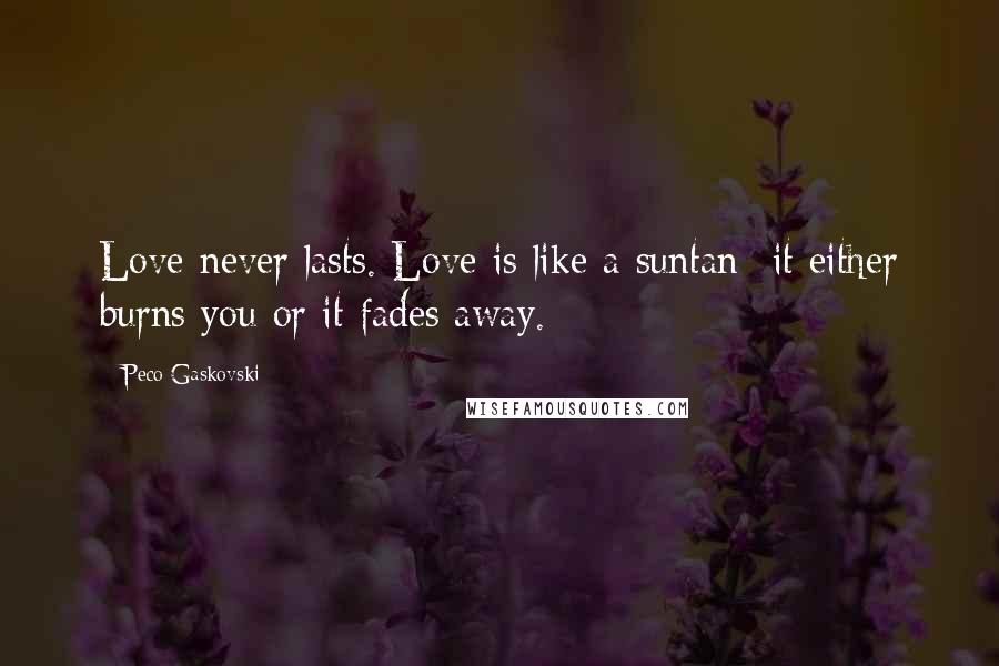 Peco Gaskovski Quotes: Love never lasts. Love is like a suntan--it either burns you or it fades away.