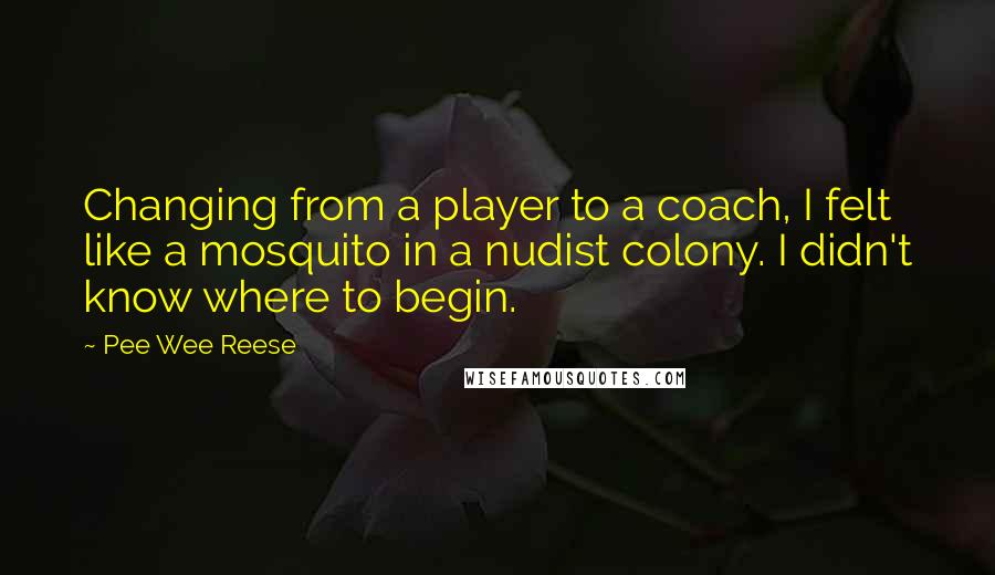 Pee Wee Reese Quotes: Changing from a player to a coach, I felt like a mosquito in a nudist colony. I didn't know where to begin.