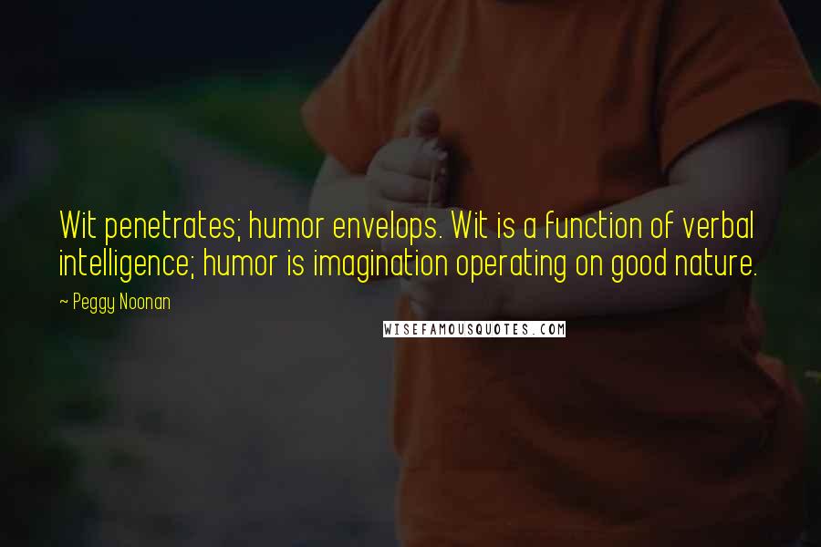 Peggy Noonan Quotes: Wit penetrates; humor envelops. Wit is a function of verbal intelligence; humor is imagination operating on good nature.