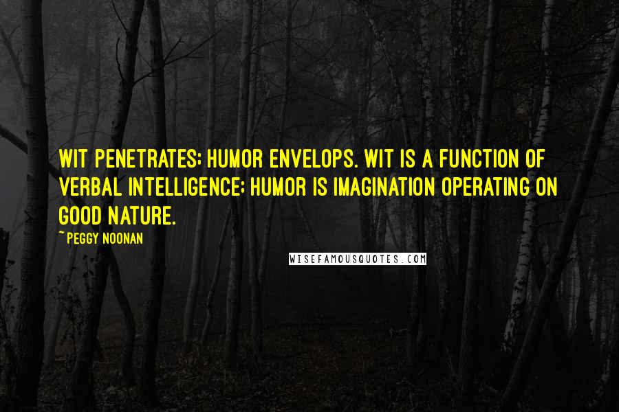 Peggy Noonan Quotes: Wit penetrates; humor envelops. Wit is a function of verbal intelligence; humor is imagination operating on good nature.